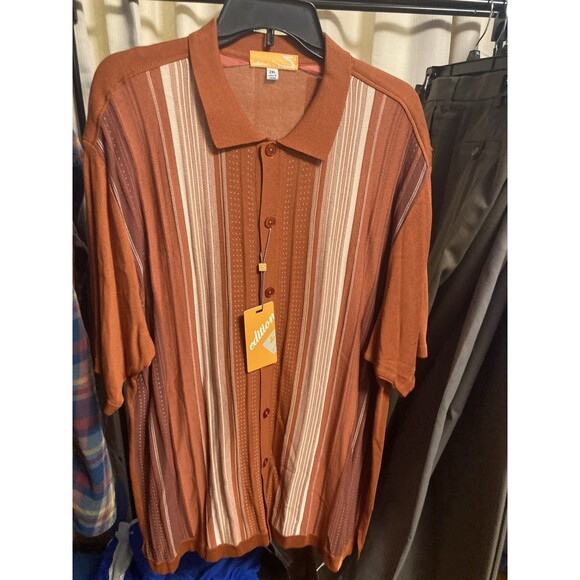 Edition S Other - Edition S Men's Short Sleeve Knit Shirt Medium Button Down Stripes Rayon Rust